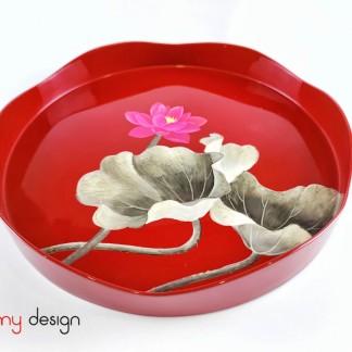 Round red lacquer tray hand-painted with pink lotus / large size 33cm